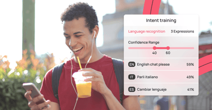A man sips juice while chatting with customer support on his smartphone. Next to him, a chart shows AI predicting what language he's chatting in.
