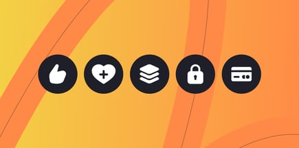 Five black and white icons of a thumbs up, a heart, a stack, a lock, and a payment card arranged on an orange background.