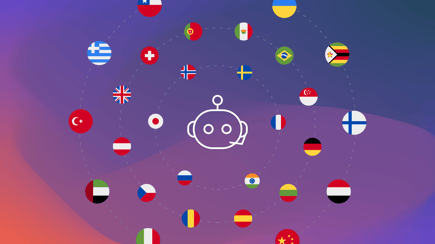 A white virtual agent icon on a purple background, surrounded by different country flags.
