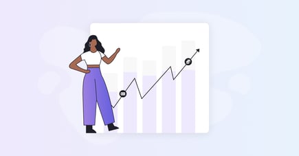 A woman pointing at a graph with ROI increasing. 