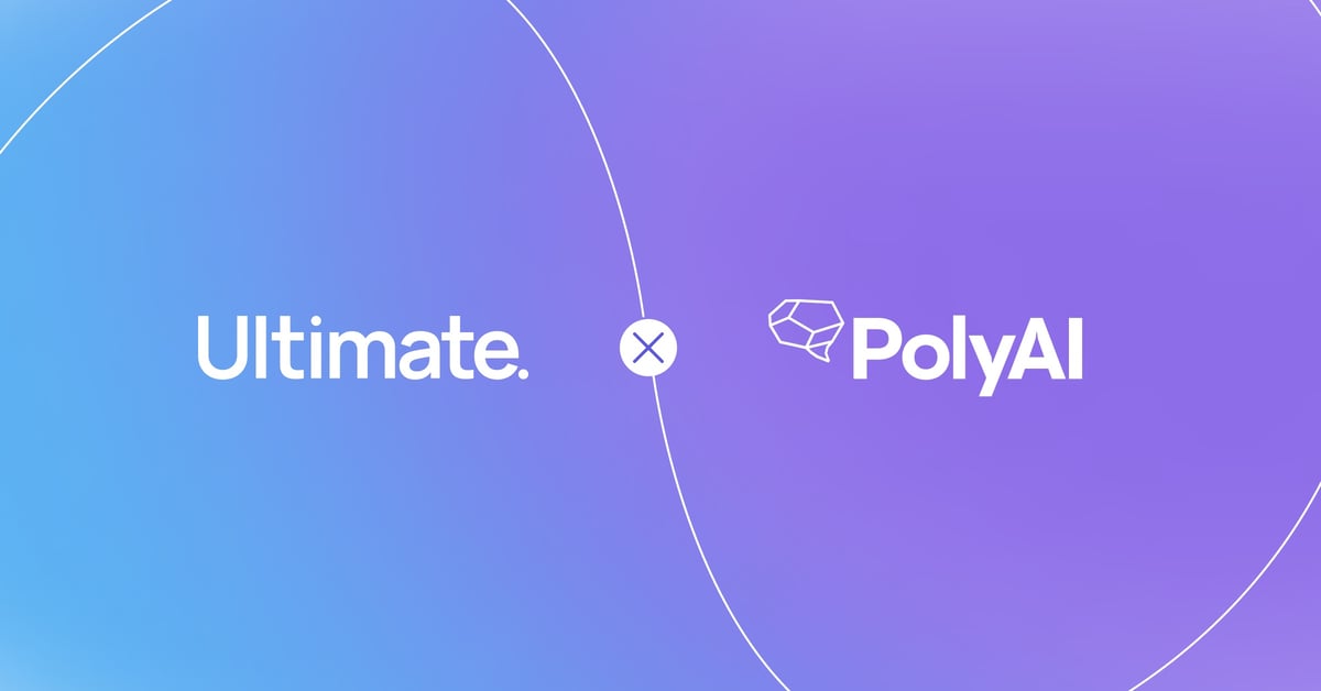 The Ultimate and PolyAI logos on a blue and purple gradient background.