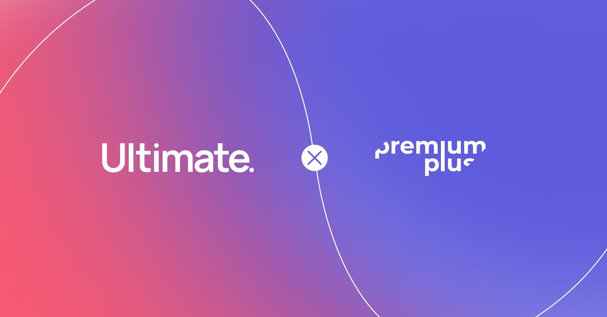 The Ultimate and Premium Plus logos on pink and blue gradient background.