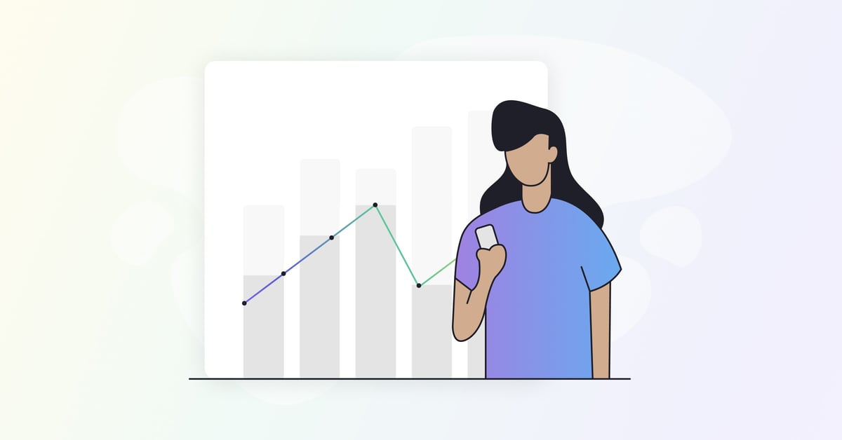 A bar graph and an illustration of a woman looking at her phone.