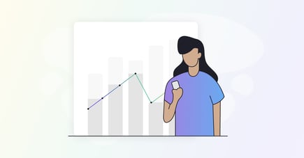 A graph and an illustration of a woman with black hair holding a phone.
