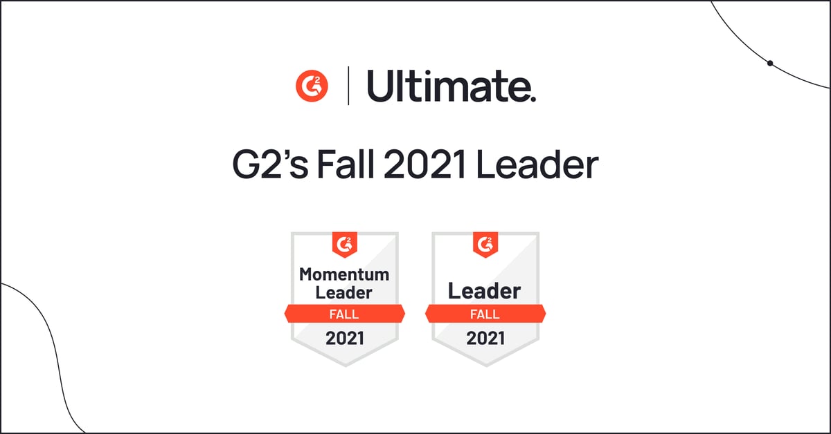 The G2 and Ultimate logos above two badges showing the categories where Ultimate is the fall leader.