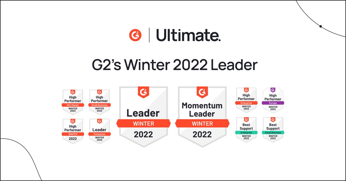 Ten badges arranged over two rows list the G2 performance categories awarded to Ultimate.