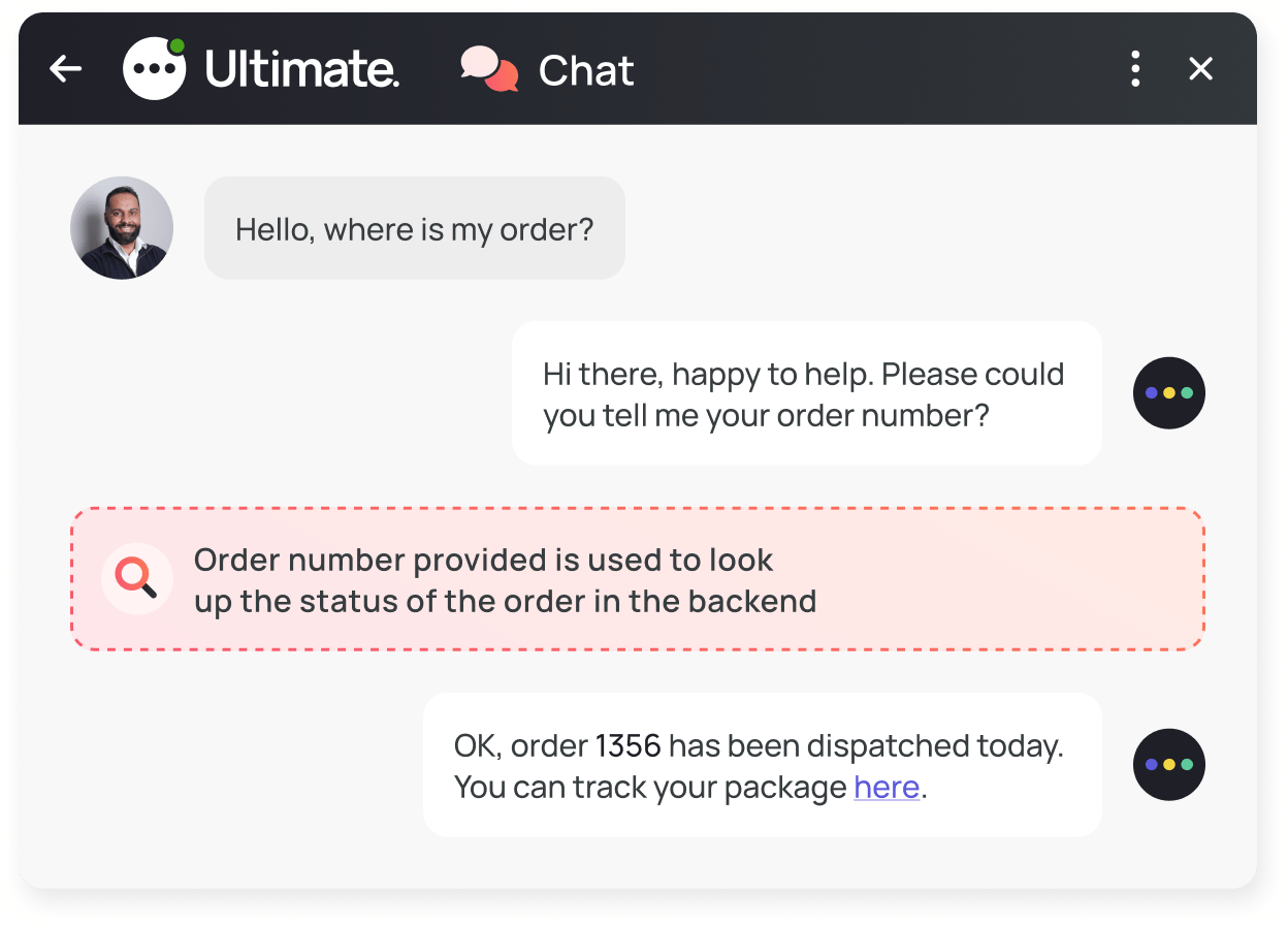 An conversation with an intelligent virtual agent inquiring about order status.