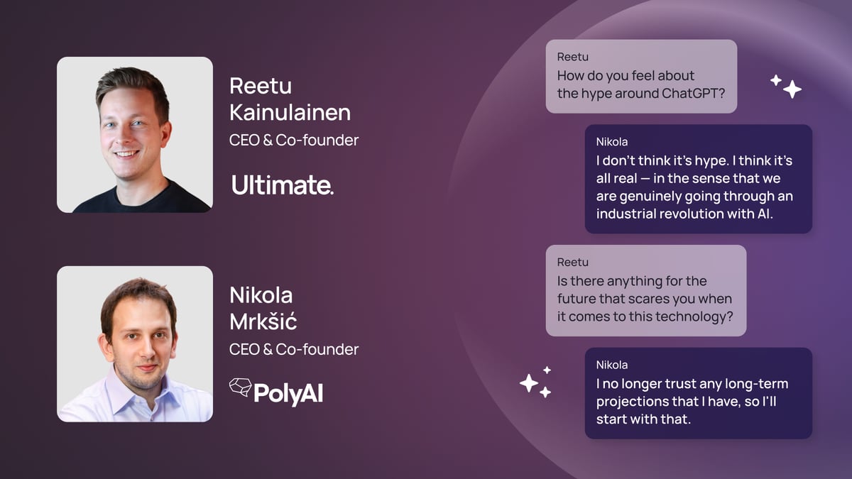 Headshots of Reetu Kainulainen and Nikola Mrkšić with conversation chat bubbles.