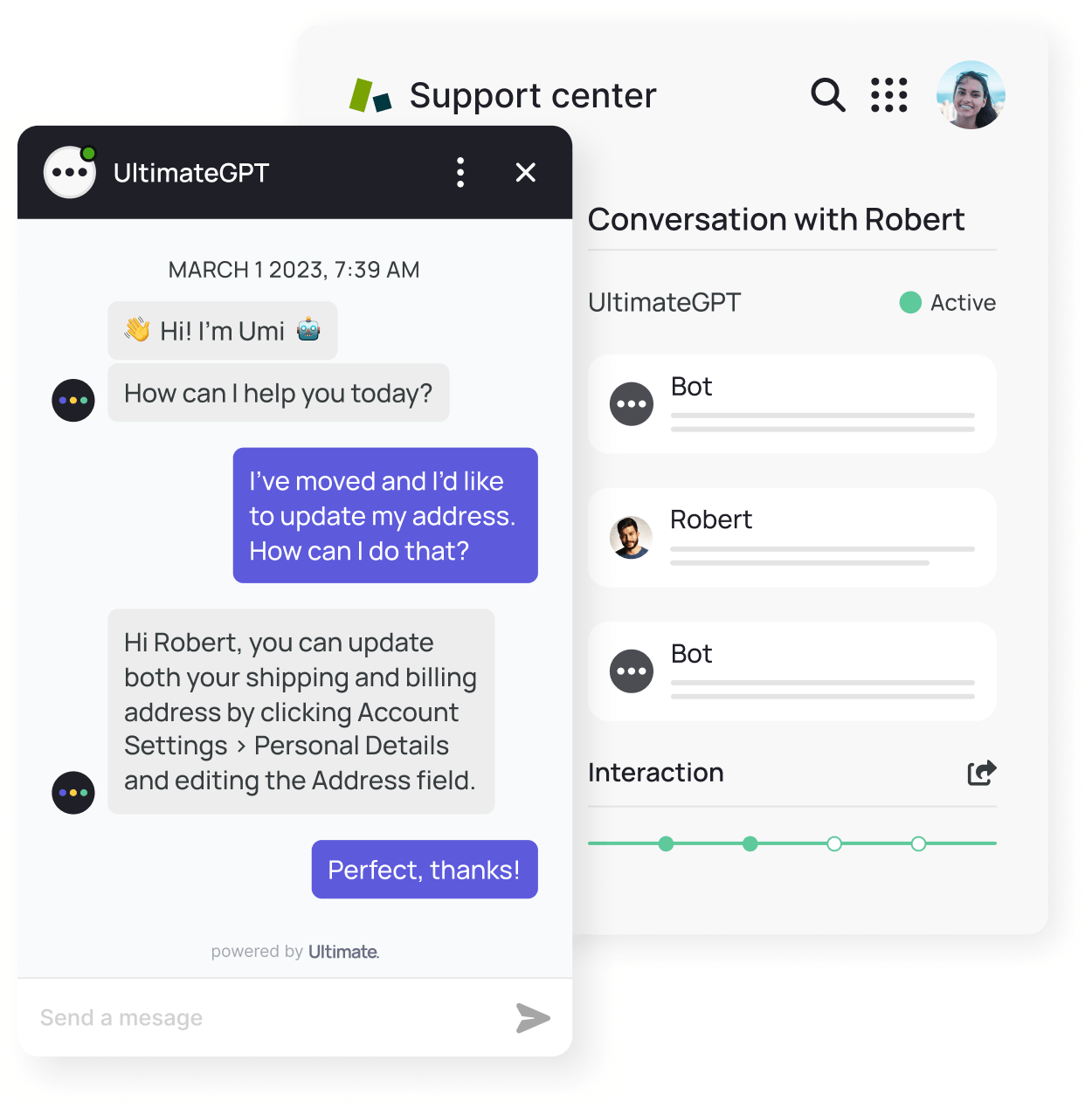 Ultimate's generative AI-powered bot UltimateGPT helping out a customer.