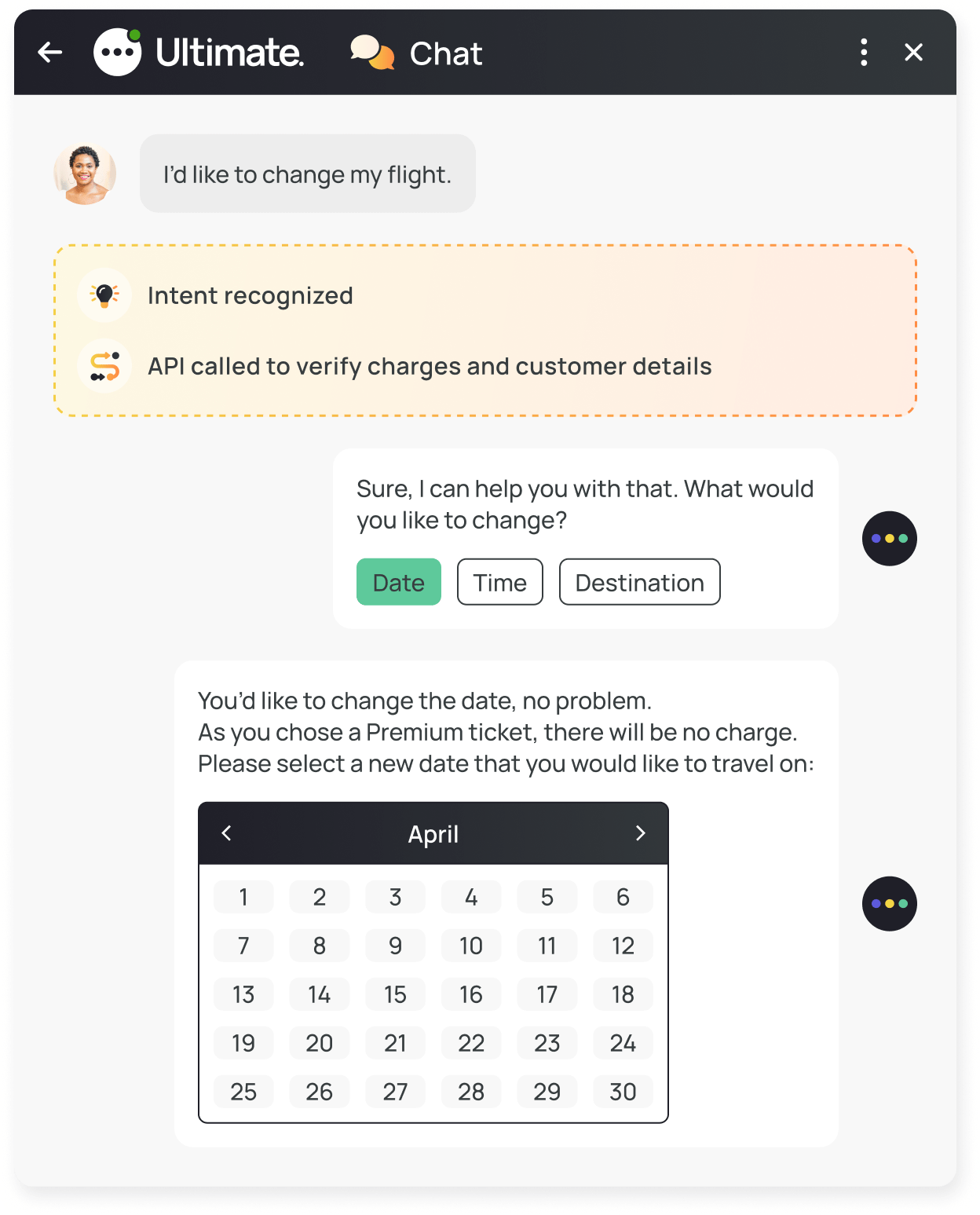 An AI-powered bot conversation displaying how to automate flight booking changes.