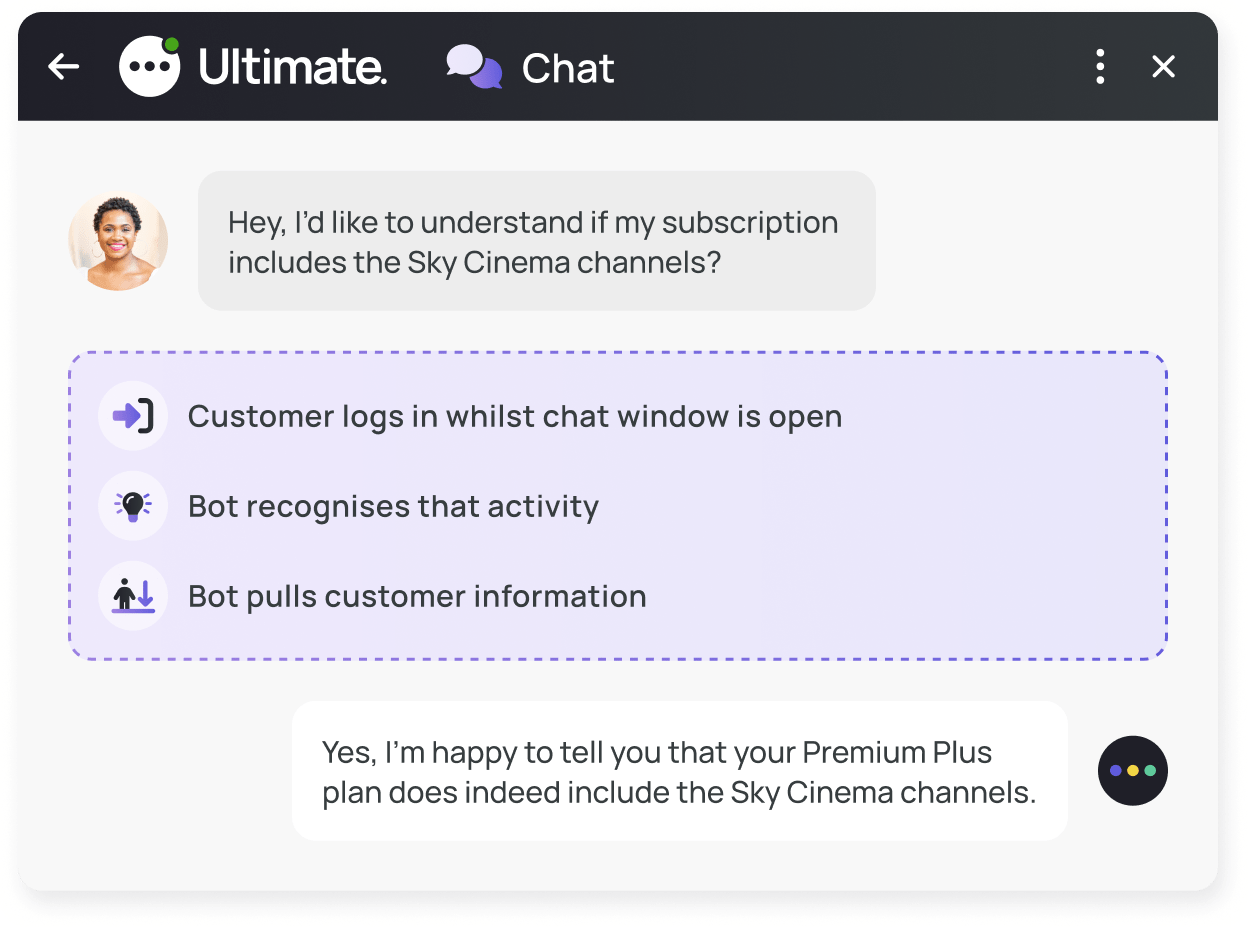 A chat window showing how an API can verify a user within the automated conversation.